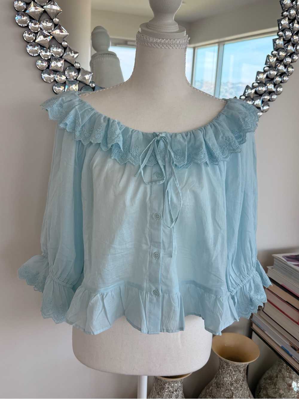 Light Blue Ruffle-Trim Peasant Top